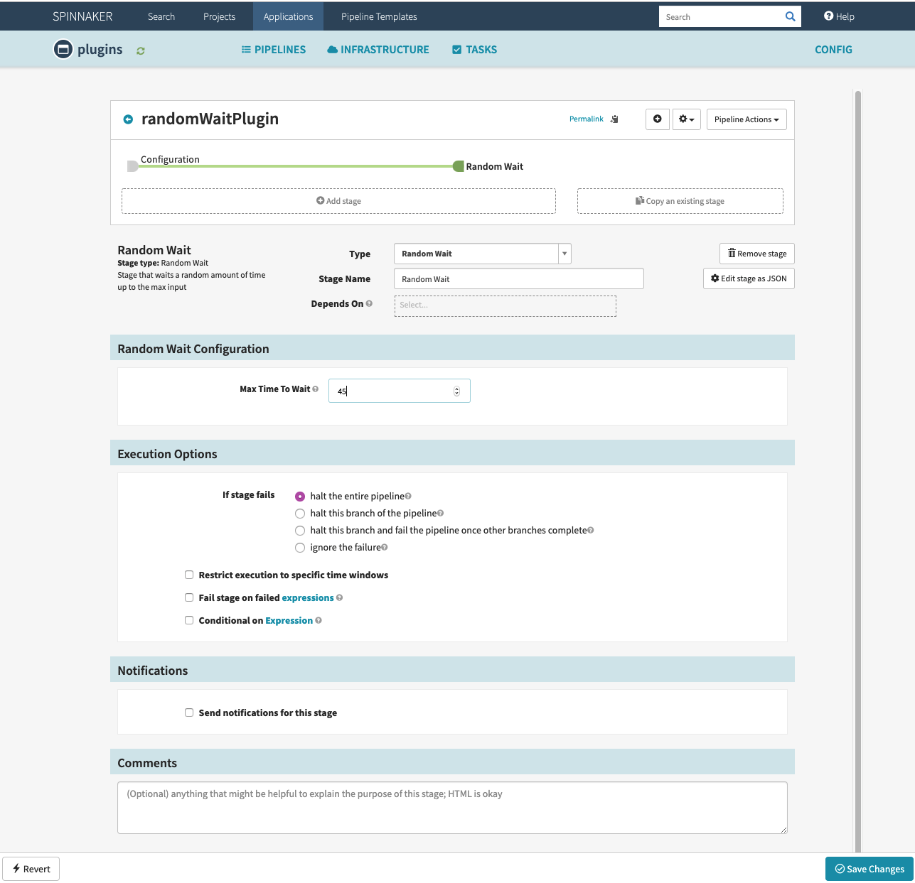 Random Wait stage after it has been selected and the configuration panel is visible.
